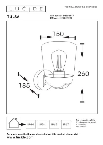 Lucide TULSA - Lámpara de pared Dentro/Fuera - 1xE27 - IP44 - Negro - TECHNISCH